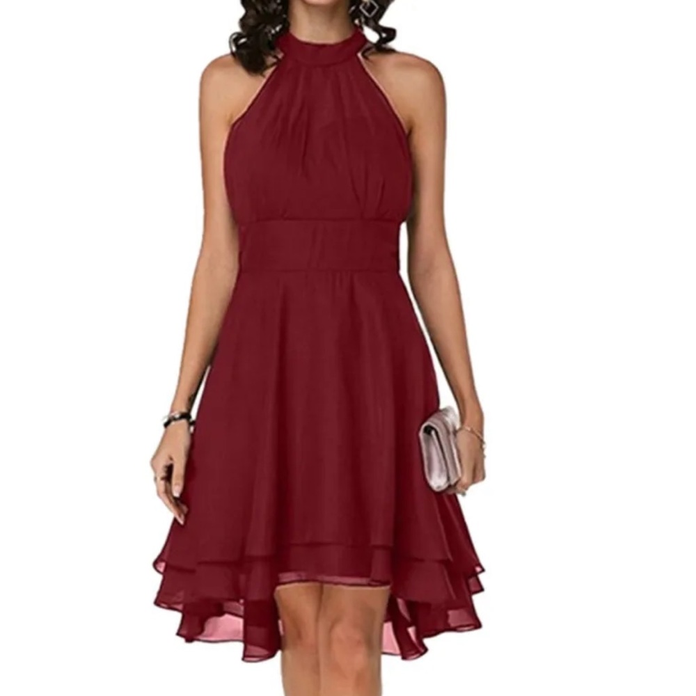 B. SMART Women Burgundy A-Line Chiffon Halter Neck High Waist Mini Dress Fashion